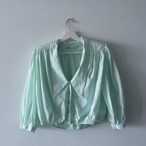 Pastel mint preppy blouse with accent sleeves and shoulder pads, Zara, size S